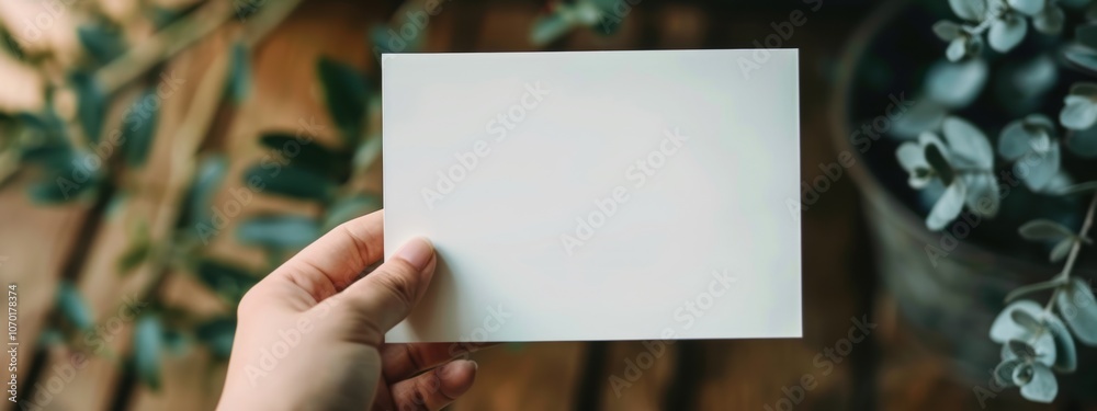 Blank Paper Mockup Hand Holding White Card Stock with Bokeh Background Blank Paper Mockup Hand Holding White Card Stock with Bokeh Background