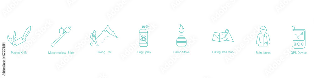 Vector Icon Set of Poker Knife, Marshmallow Stick, Hiking Trail, Bug Spray, Camp Stove, Hiking Trail Map, Rain Jacket, and GPS Device for Outdoor Exploration Vector Icon Set of Poker Knife, Marshmallow Stick, Hiking Trail, Bug Spray, Camp Stove, Hiking Trail Map, Rain Jacket, and GPS Device for Outdoor Exploration