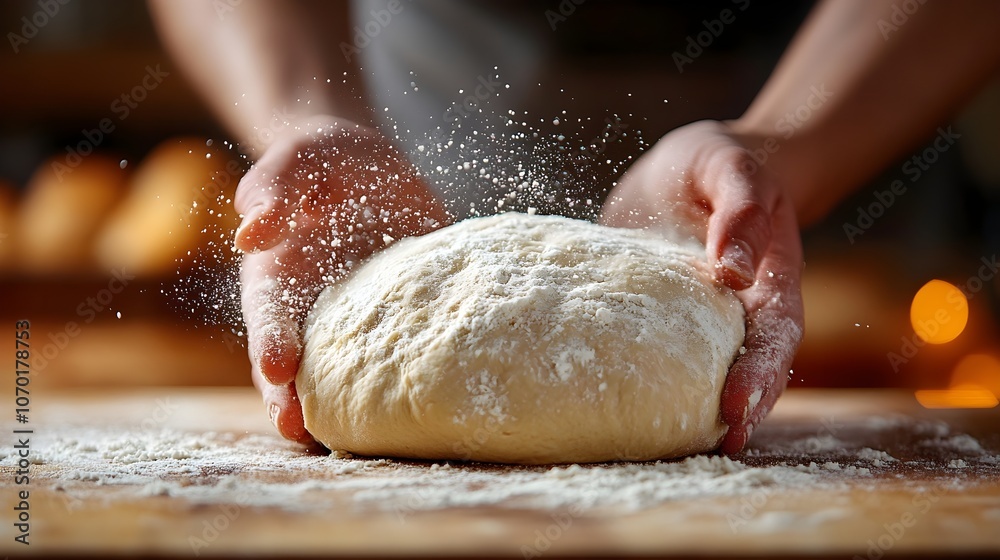 A person kneading bread dough on a floured wooden surface, with flour dusting the kitchen counter and hands in motion.