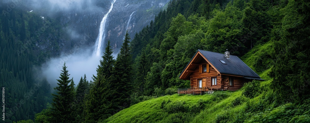 Fototapeta premium Charming rustic mountain cabin overlooking a dynamic waterfall shrouded in mist, perfect for nature lovers.