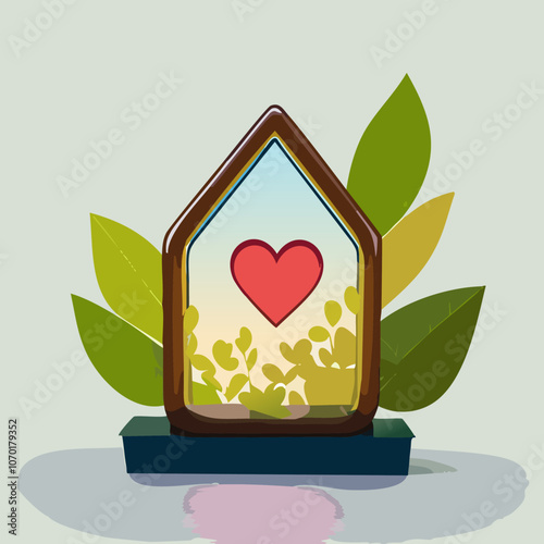 Miniature house with heart shape window. Sweet home concept. Family warmth, love and protection