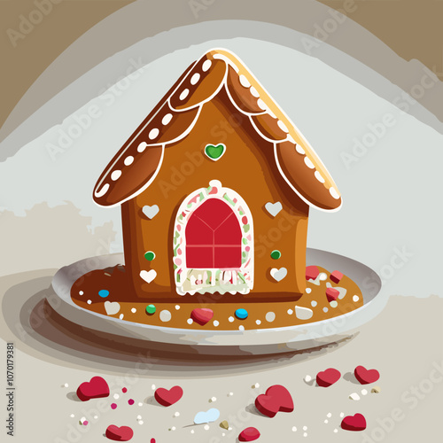 Miniature gingerbread house with heart shape window. Sweet home concept. Family warmth, love and protection