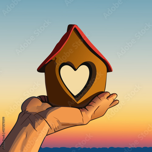Miniature clay house with heart shape window. Sweet home concept. Family warmth, love and protection