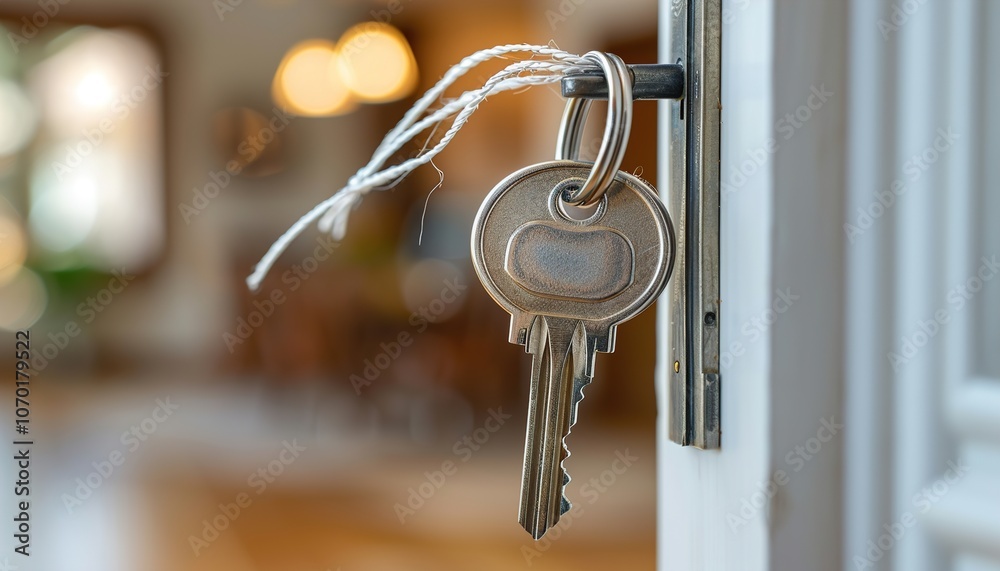 Landlord key for unlocking house is plugged into the door. Landlord key for unlocking house is plugged into the door.