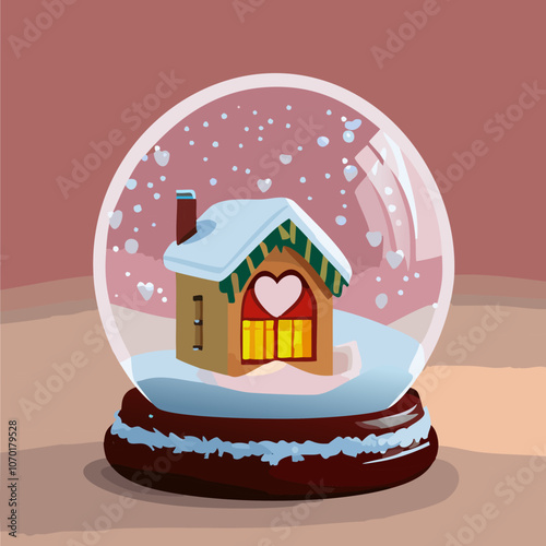 Miniature house inside a snow globe with heart shape window. Sweet home concept. Family warmth, love and protection