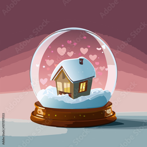Miniature house inside a snow globe. Sweet home concept. Family warmth, love and protection