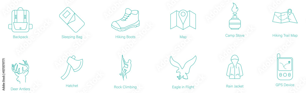Fototapeta premium Vector Icon Set of Backpack, Sleeping Bag, Hiking Boots, Map, Camp Stove, Hiking Trail Map, Deer Antlers, Hatchet, Rock Climbing, Eagle in Flight, Rain Jacket, and GPS Device for Outdoor Adventure