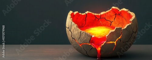 Earthy pot with cracks radiating red heat, molten core glowing brightly, Realistic, Textured details, Warm lighting photo