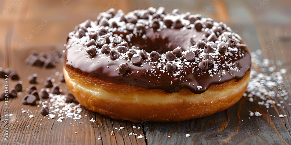 Chocolate glazed donut with powdered sugar and chocolate chips on wooden table Chocolate glazed donut with powdered sugar and chocolate chips on wooden table