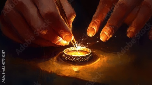Hands crafting a glowing golden ring	