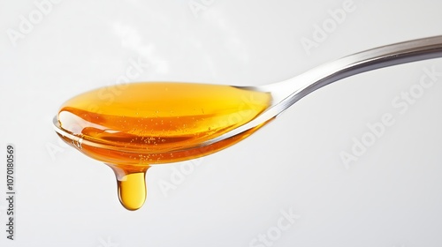 Dripping golden honey from silver spoon against white background, copy space
