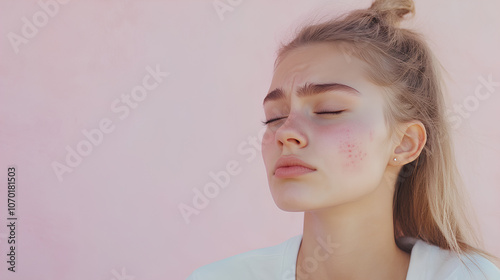 acne disease on the face of a young girl, emotions of frustration and pain, light pink background
