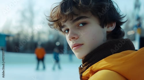 Young teen boy in yellow winter jacket looking at camera with ice skating rink and blurred skater in background during winter afternoon, copy space photo