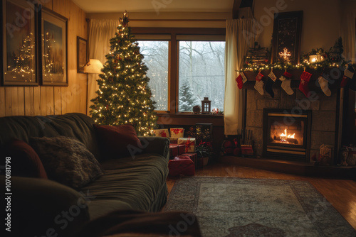 cozy Christmas living room with lit tree, fireplace, and presents photo