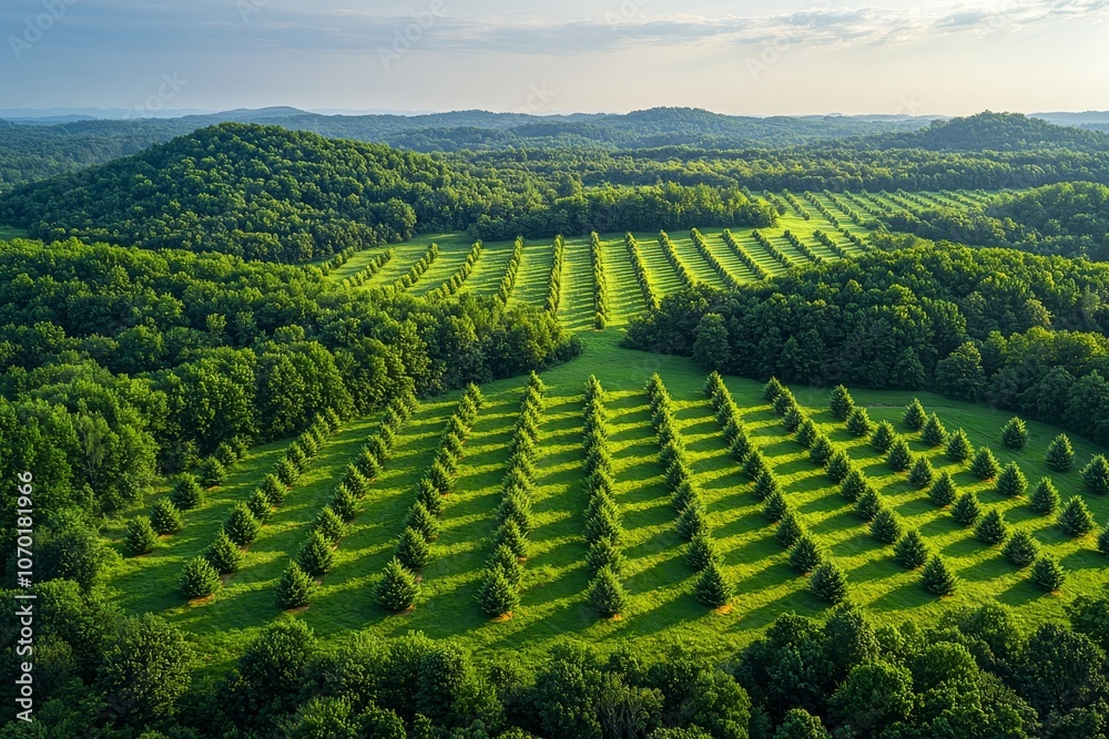 Scenic aerial view of evergreen tree plantation with rolling hills and vibrant green landscape Scenic aerial view of evergreen tree plantation with rolling hills and vibrant green landscape