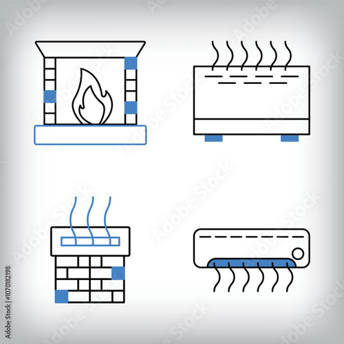 Linear chimney, air conditioner and fireplace icon set. Different designs of household materials and appliances.