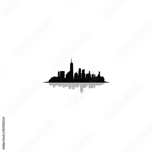 Black city skyline panorama with reflection of Freedom Tower and Lower Manhattan city from New Jersey. Cityscape, town skyline, horizontal panorama. Midtown, downtown illustration template