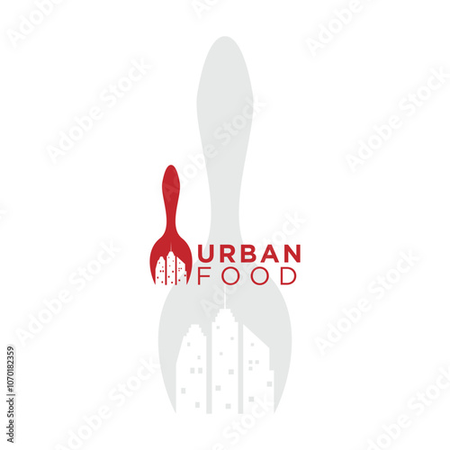 urban food City Vector Logo Template. fork with urban building typography logo design. This logo is suitable for catering business, cooking business, fast food, restaurant and any business 