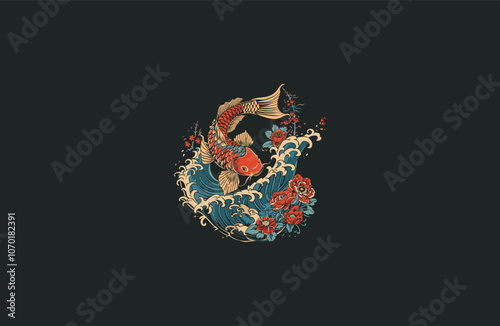 Japanese style art koi fish logo design vector