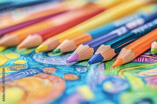 Close-up of Colored Pencils on a Drawing