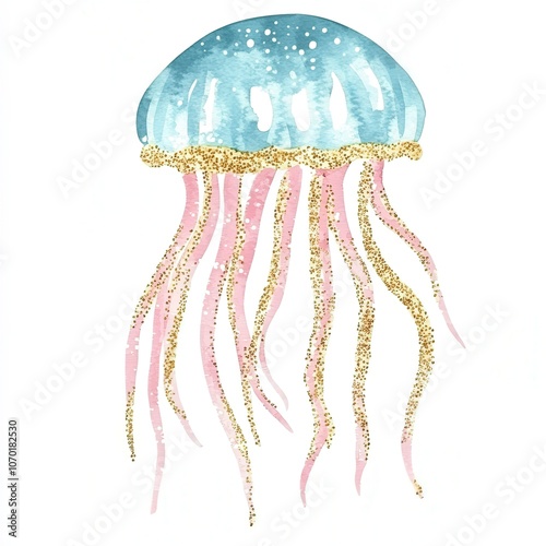 Colorful watercolor jellyfish with glittery tentacles swimming in a serene ocean setting