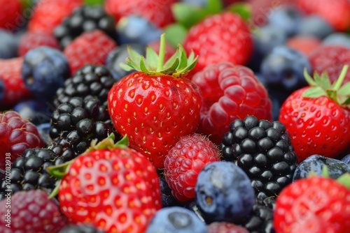 Medley of freshly picked berries is laying on a table, creating a colorful and appetizing background