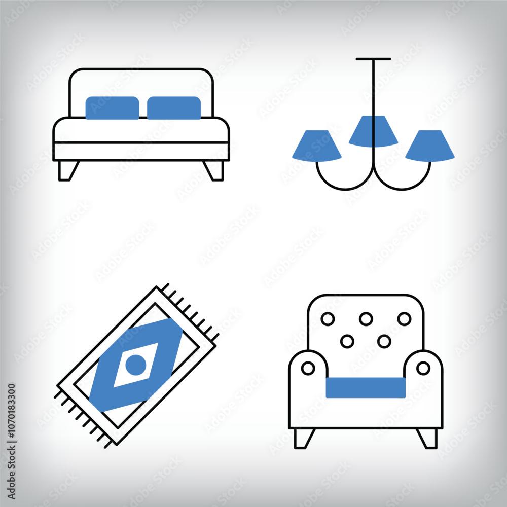 Linear chandelier, carpet and bed icon set. Different designs of household materials and appliances. Linear chandelier, carpet and bed icon set. Different designs of household materials and appliances.