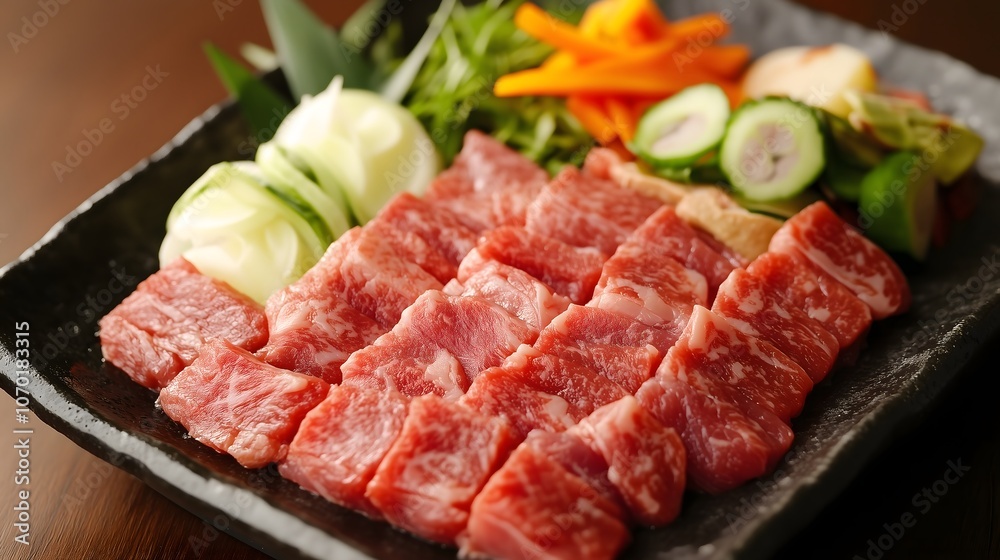Raw marbled beef slices arranged on black rectangular plate with fresh cucumber, carrots and mixed vegetables for Korean barbecue or yakiniku preparation, copy space Raw marbled beef slices arranged on black rectangular plate with fresh cucumber, carrots and mixed vegetables for Korean barbecue or yakiniku preparation, copy space