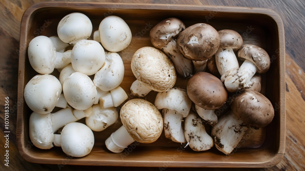 Fresh white and brown mushrooms arranged in rustic wooden crate with natural texture and shadows, copy space Fresh white and brown mushrooms arranged in rustic wooden crate with natural texture and shadows, copy space