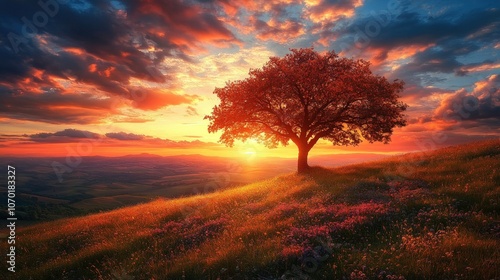 Solitary tree on a hilltop silhouetted against a fiery sunset.