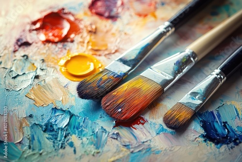 Paintbrushes Resting on a Palette with Colorful Paint Swirls