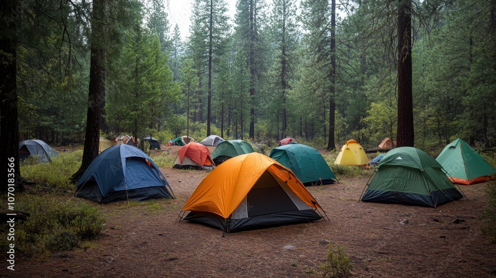 Group of Tents Set Up in Forest for Camping Adventure Group of Tents Set Up in Forest for Camping Adventure