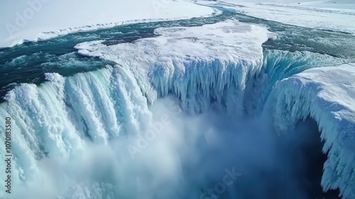 Ice-capped waterfall frozen in mid-flow