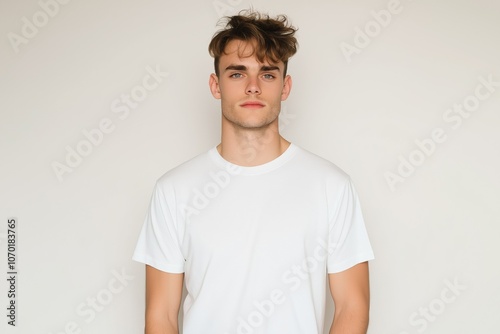 A young man with curly hair is wearing a white shirt and standing in front of a white wall