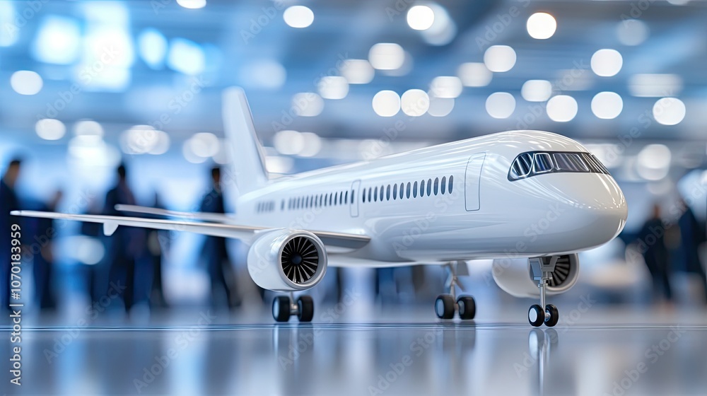 A stunning airplane model showcased at the Paris Air Show with a blurred audience and vibrant bokeh lights in a sophisticated setting A stunning airplane model showcased at the Paris Air Show with a blurred audience and vibrant bokeh lights in a sophisticated setting