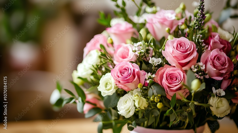 Fresh pink and white rose bouquet with mixed greenery in rustic arrangement against blurred natural background, copy space