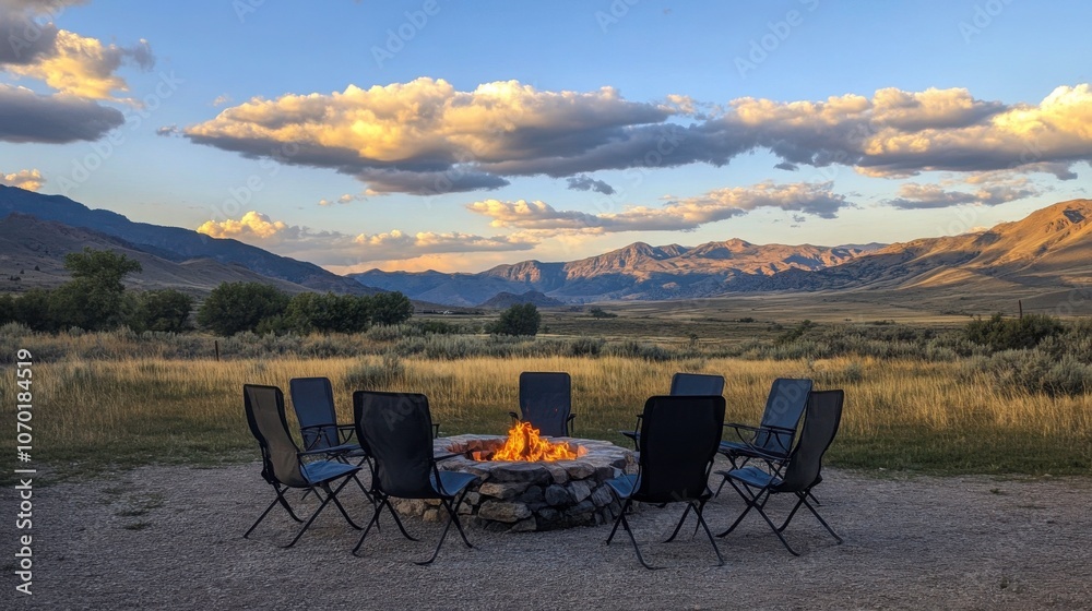 Fototapeta premium Chairs Around Fire Pit with Mountain View