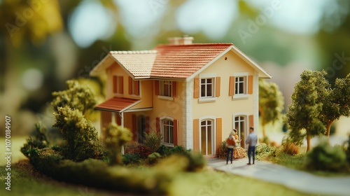 Miniature House Model with Blurred People in Background – Real Estate and Home Ownership Concept photo