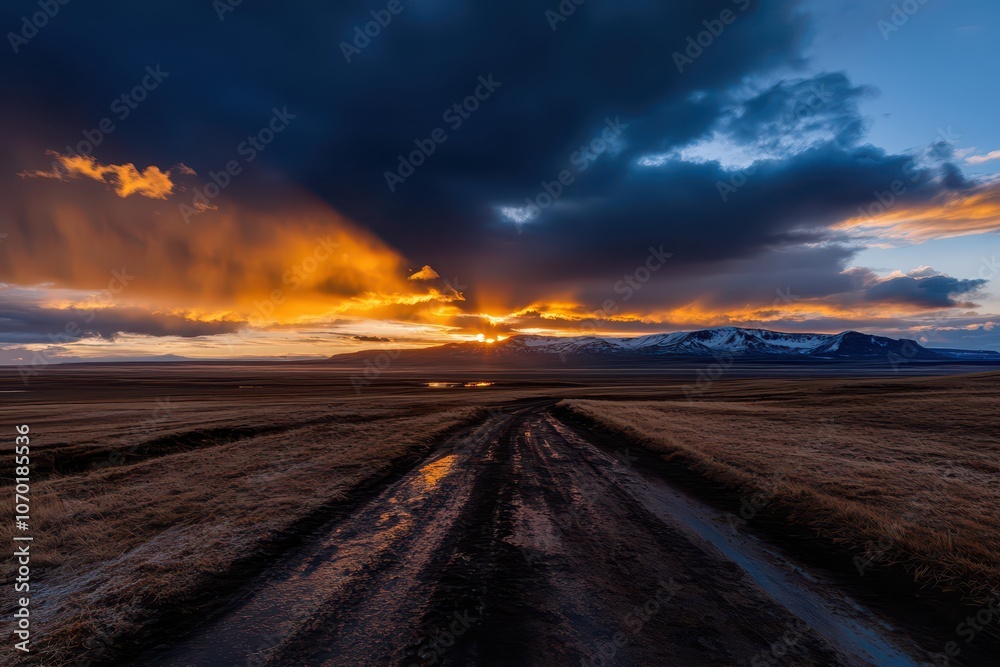 Fototapeta premium Vibrant sky showcasing a stunning rainbow arching over soft, distant clouds in a serene landscape.