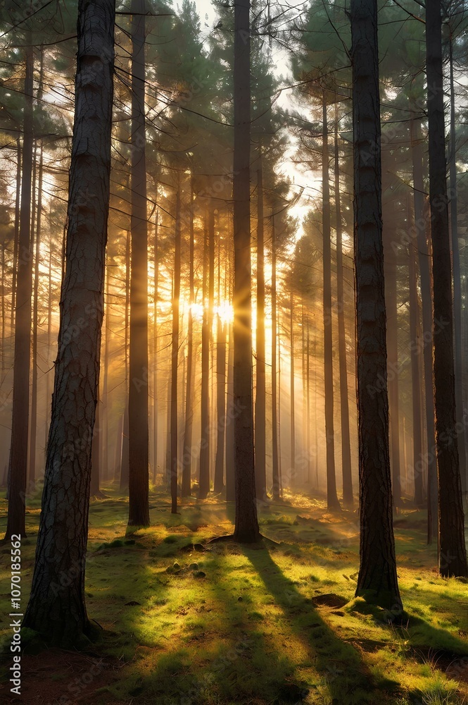 Obraz premium sunrise in the pine forest