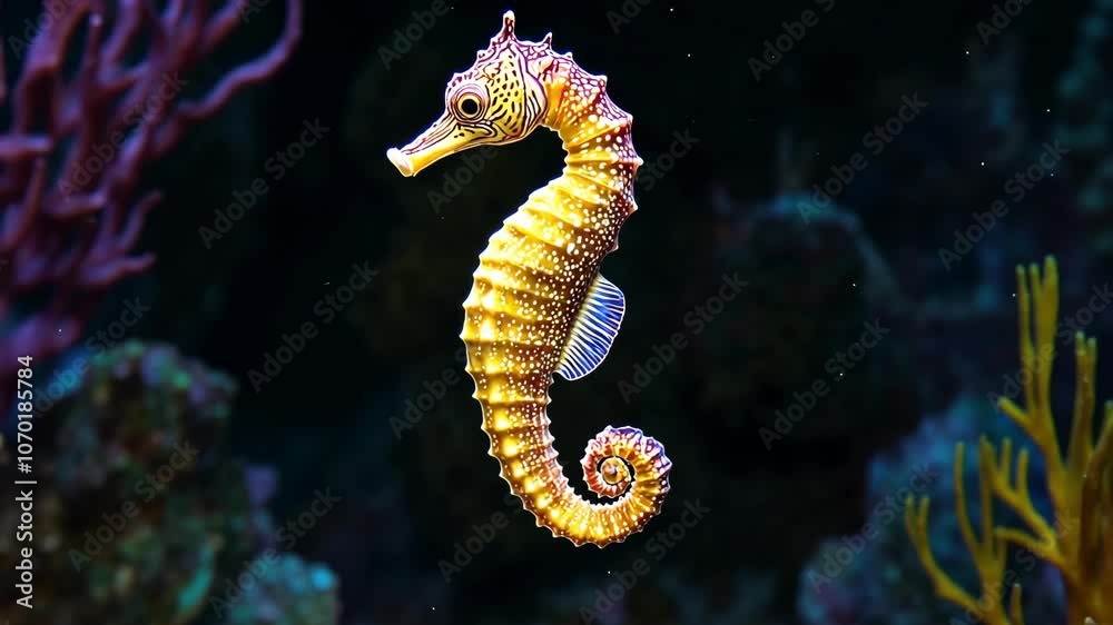 A yellow seahorse swims near coral in an aquarium A yellow seahorse swims near coral in an aquarium