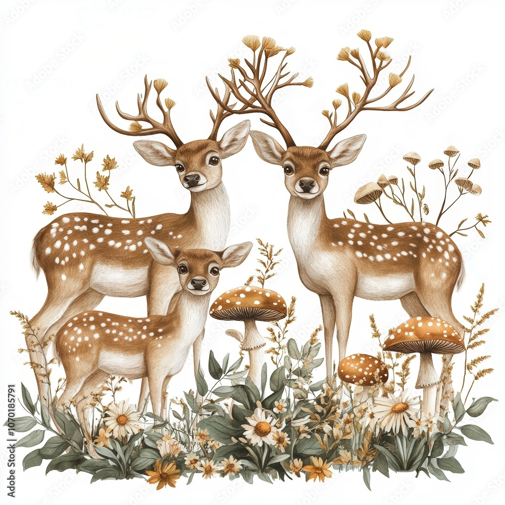 Obraz premium Three deer among flowers and mushrooms in a serene forest setting during autumn