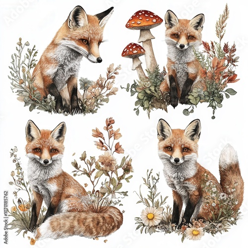 Four adorable fox illustrations surrounded by wildflowers and mushrooms in a natural setting photo