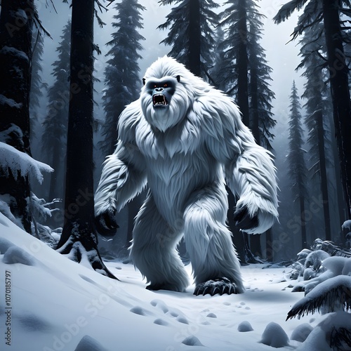 Yeti in a forest, cryptozoology animal, yeti mystery and snow  photo