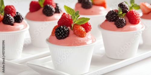 Delicious small pudding cups topped with vibrant berries, perfect for a sweet treat or dessert inspiration.