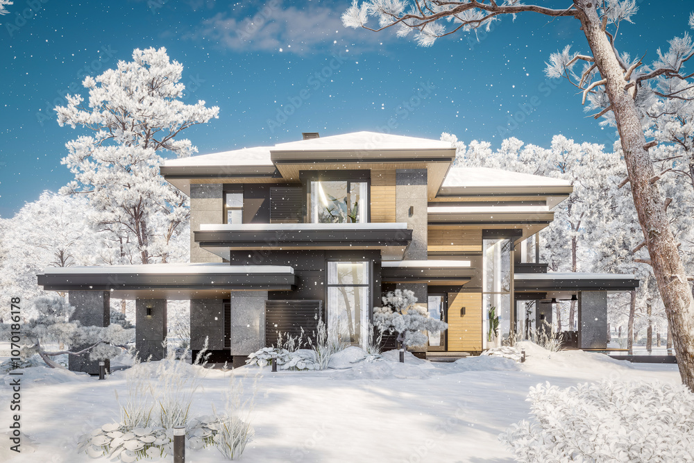 3d rendering of modern two story house with gray and wood accents, large windows, parking space in the right side of the building. Cool winter day with shiny white snow