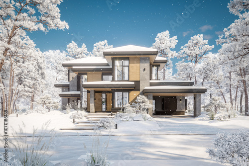 3d rendering of modern two story house with gray and wood accents, large windows, parking space in the right side of the building. Cool winter day with shiny white snow