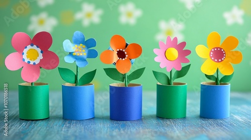 Toilet paper roll craft tutorial for making spring flower toy recycle art project for kids and kindergarteners photo