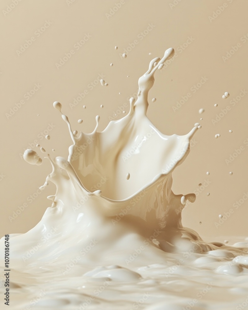 Creamy milk splash on beige background - fluid dynamics and dairy concept Creamy milk splash on beige background - fluid dynamics and dairy concept