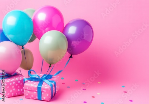 Colorful balloons and wrapped gifts arranged on a vibrant pink background for a festive celebration